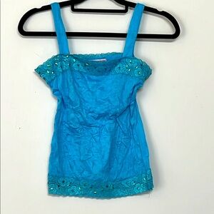 🌞 Chocolate Kisses turquoise lace trim shiny green stones tank top S